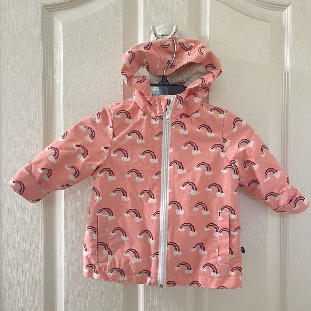 Kickee Pants Pink Rainbow Hooded Jacket Raincoat Sherpa Lined Girls 12-18 Months